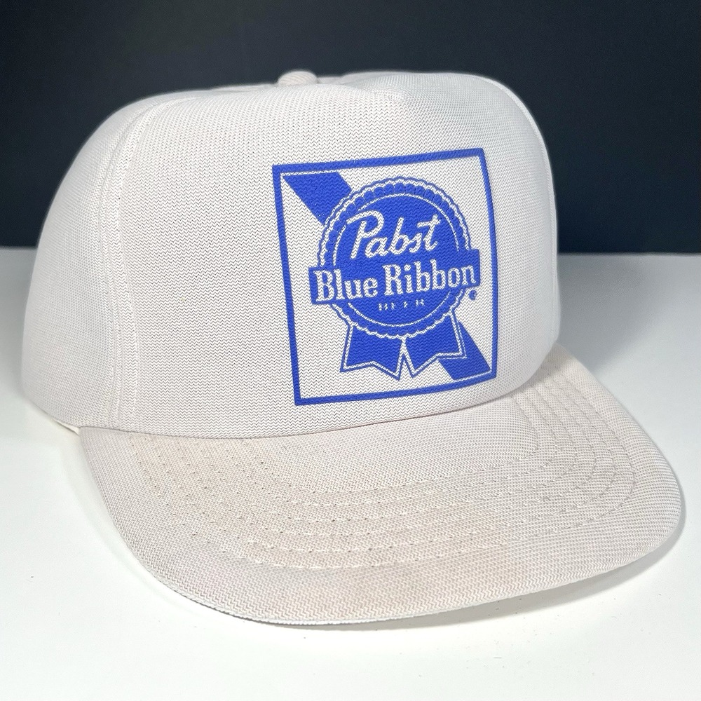 Vintage 80's Pabst Blue Ribbon Beer Foam Trucker Hat‎ White Snapback Made in USA